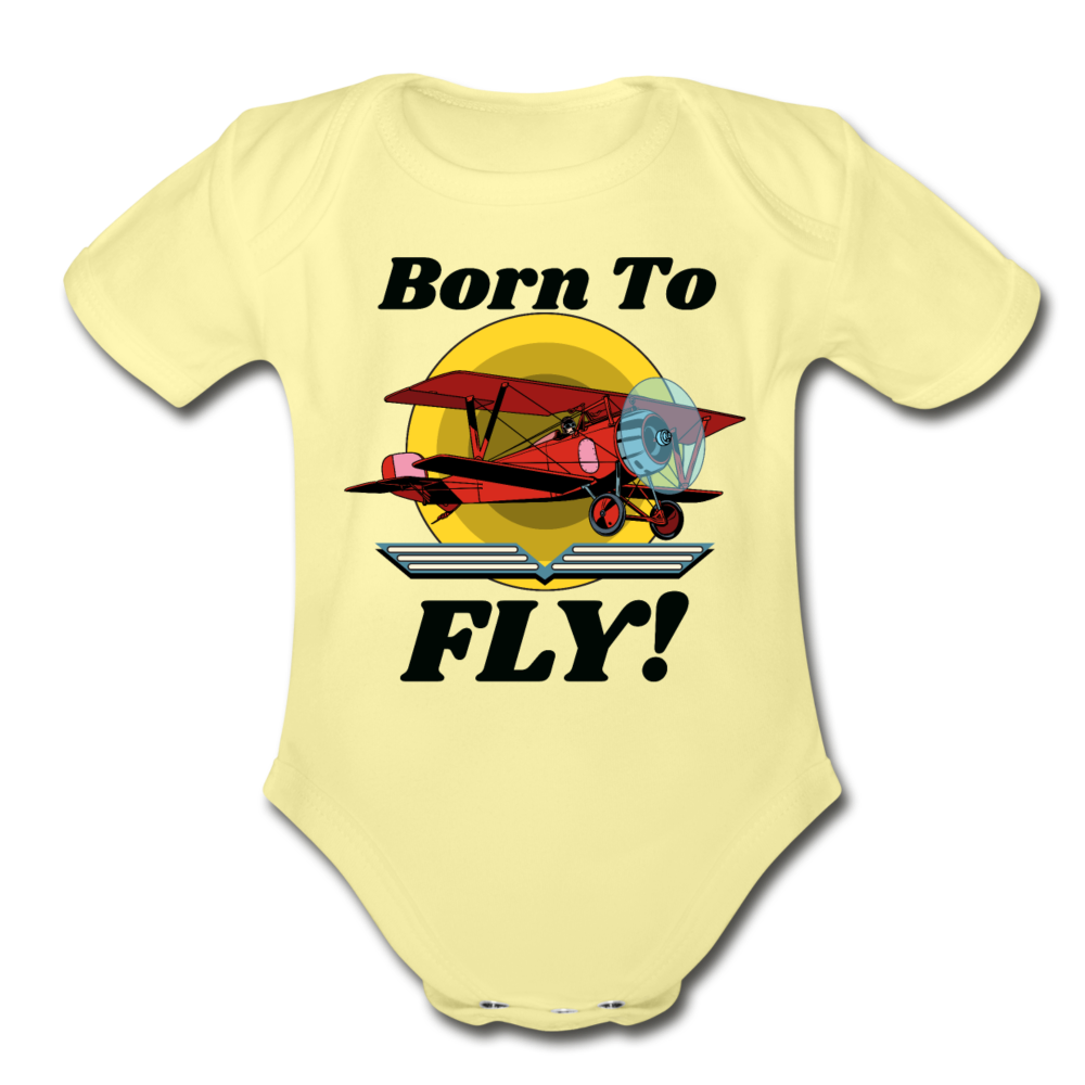 Born To Fly - Red Biplane - Organic Short Sleeve Baby Bodysuit - washed yellow