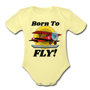 Born To Fly - Red Biplane - Organic Short Sleeve Baby Bodysuit - washed yellow