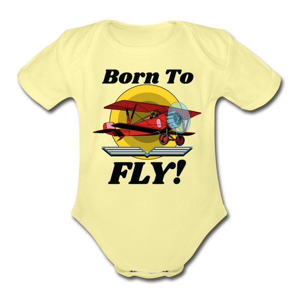 Born To Fly - Red Biplane - Organic Short Sleeve Baby Bodysuit - washed yellow