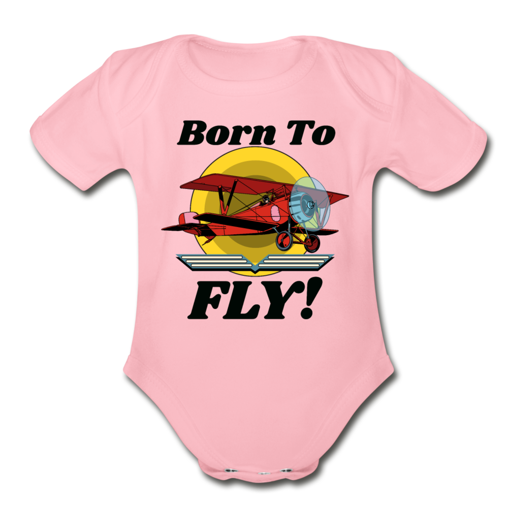 Born To Fly - Red Biplane - Organic Short Sleeve Baby Bodysuit - light pink