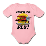 Born To Fly - Red Biplane - Organic Short Sleeve Baby Bodysuit - light pink