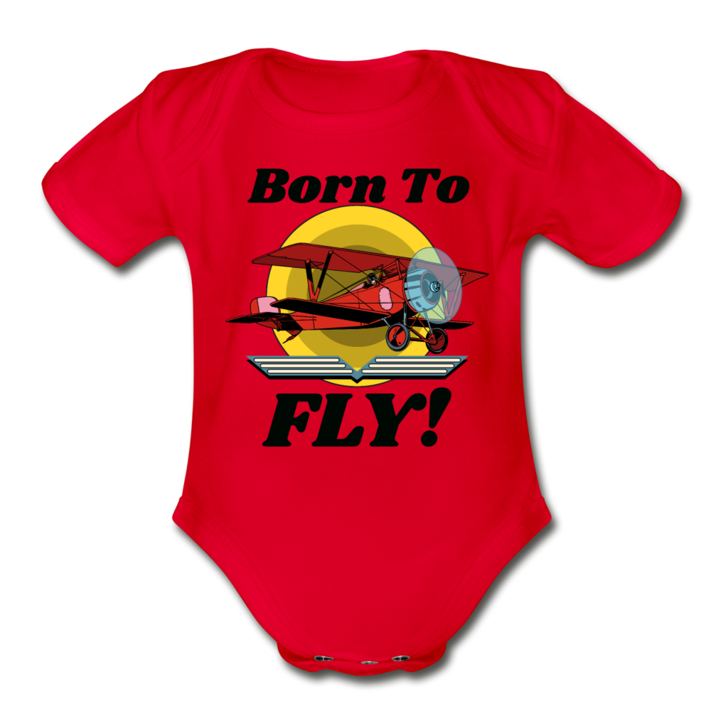 Born To Fly - Red Biplane - Organic Short Sleeve Baby Bodysuit - red