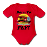 Born To Fly - Red Biplane - Organic Short Sleeve Baby Bodysuit - red
