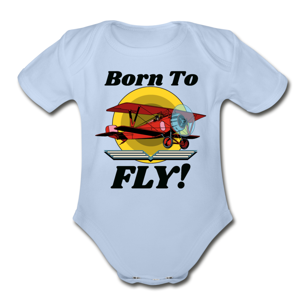 Born To Fly - Red Biplane - Organic Short Sleeve Baby Bodysuit - sky