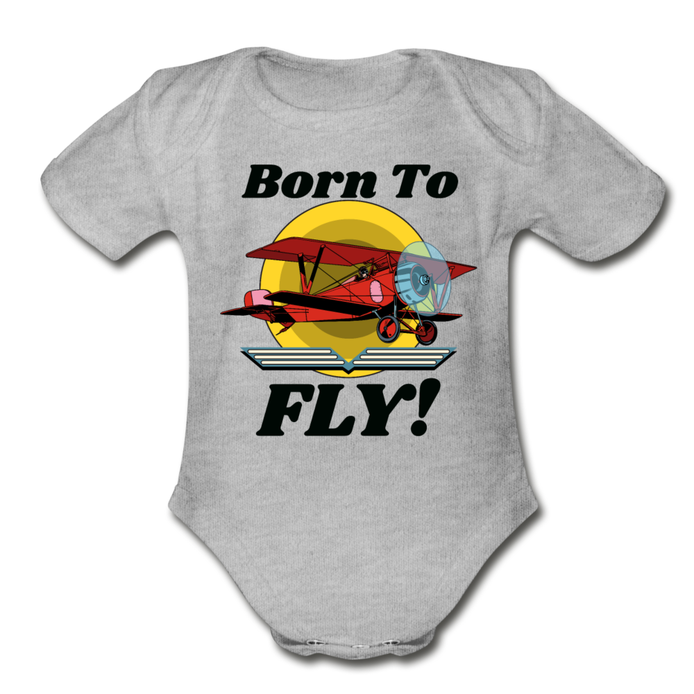 Born To Fly - Red Biplane - Organic Short Sleeve Baby Bodysuit - heather gray