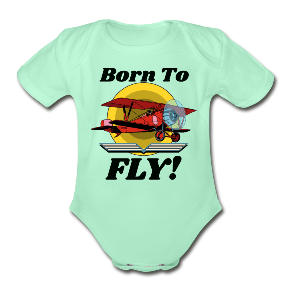 Born To Fly - Red Biplane - Organic Short Sleeve Baby Bodysuit - light mint