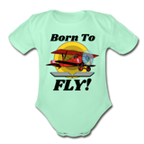 Born To Fly - Red Biplane - Organic Short Sleeve Baby Bodysuit - light mint