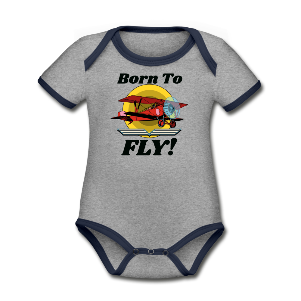 Born To Fly - Red Biplane - Organic Contrast Short Sleeve Baby Bodysuit - heather gray/navy