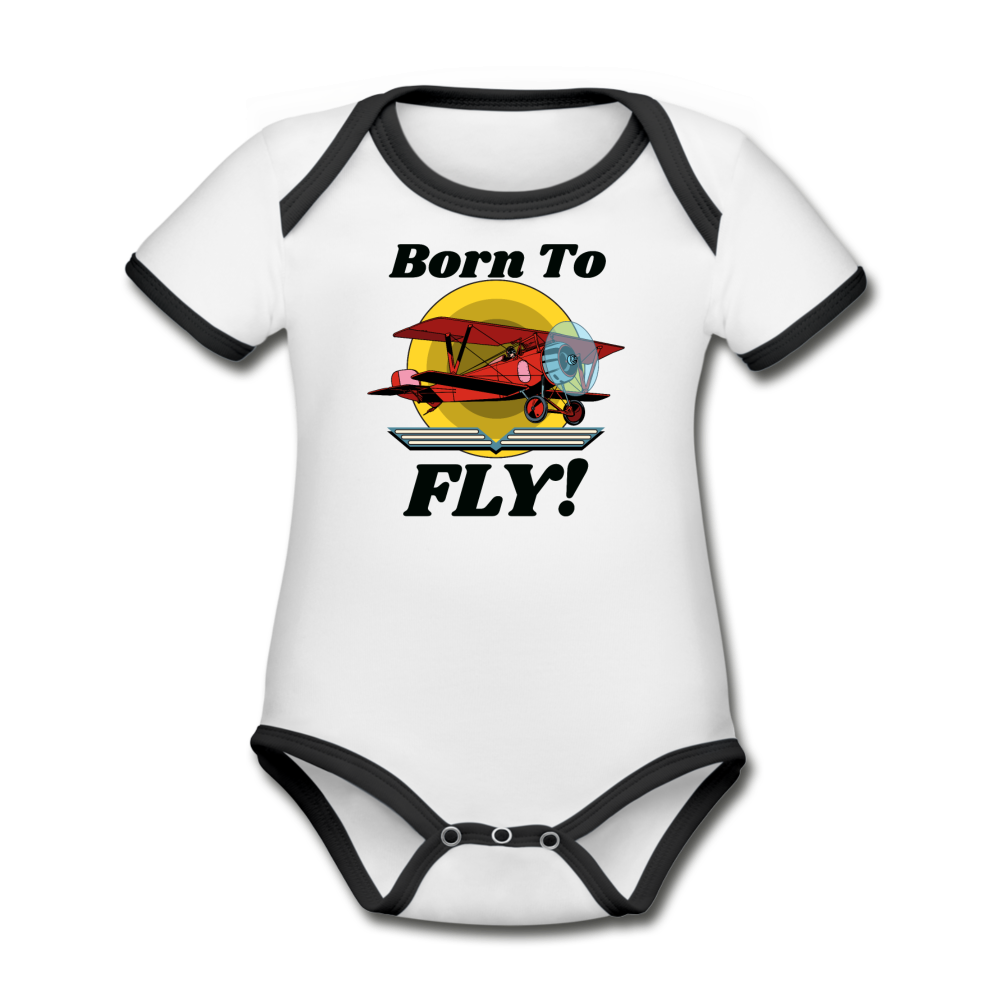 Born To Fly - Red Biplane - Organic Contrast Short Sleeve Baby Bodysuit - white/black