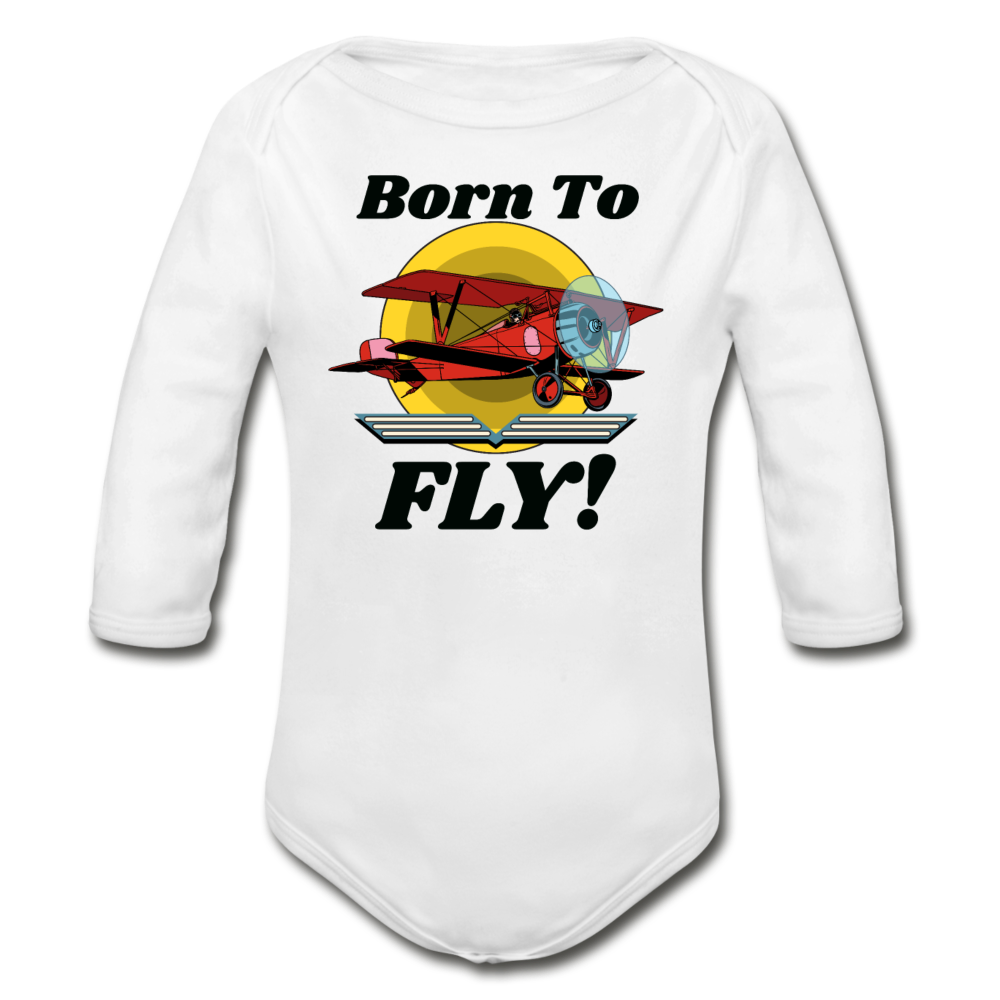 Born To Fly - Red Biplane - Organic Long Sleeve Baby Bodysuit - white