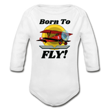 Born To Fly - Red Biplane - Organic Long Sleeve Baby Bodysuit - white