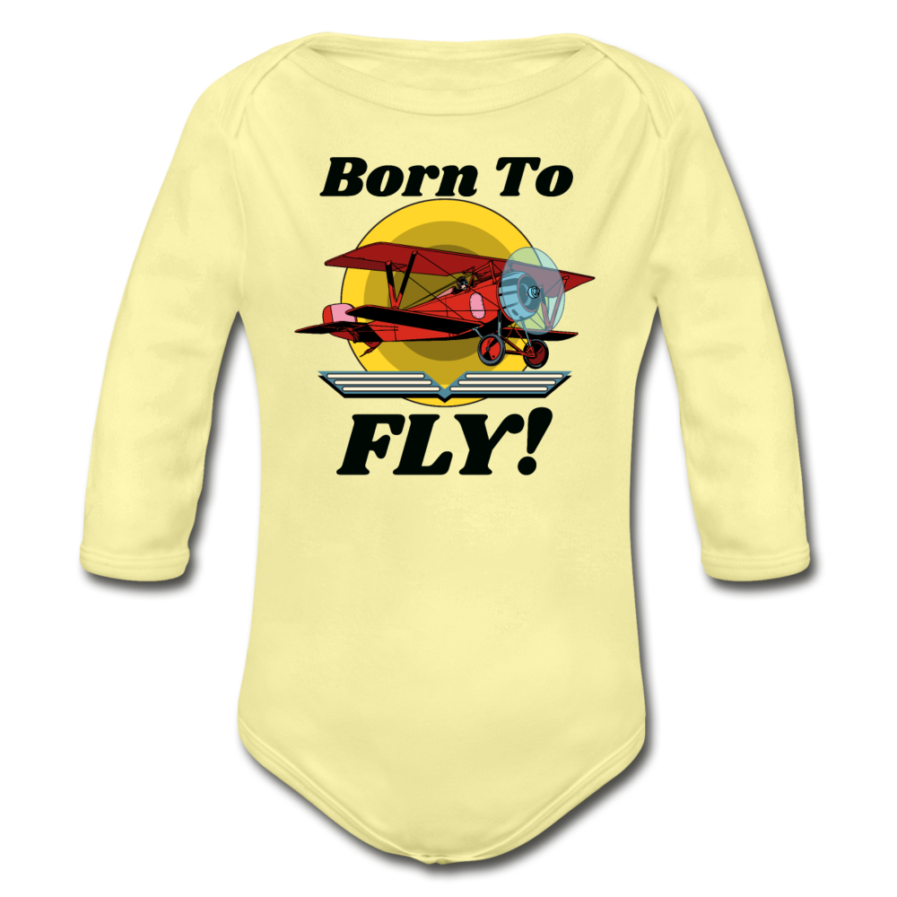 Born To Fly - Red Biplane - Organic Long Sleeve Baby Bodysuit - washed yellow