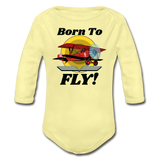 Born To Fly - Red Biplane - Organic Long Sleeve Baby Bodysuit - washed yellow