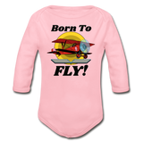 Born To Fly - Red Biplane - Organic Long Sleeve Baby Bodysuit - light pink
