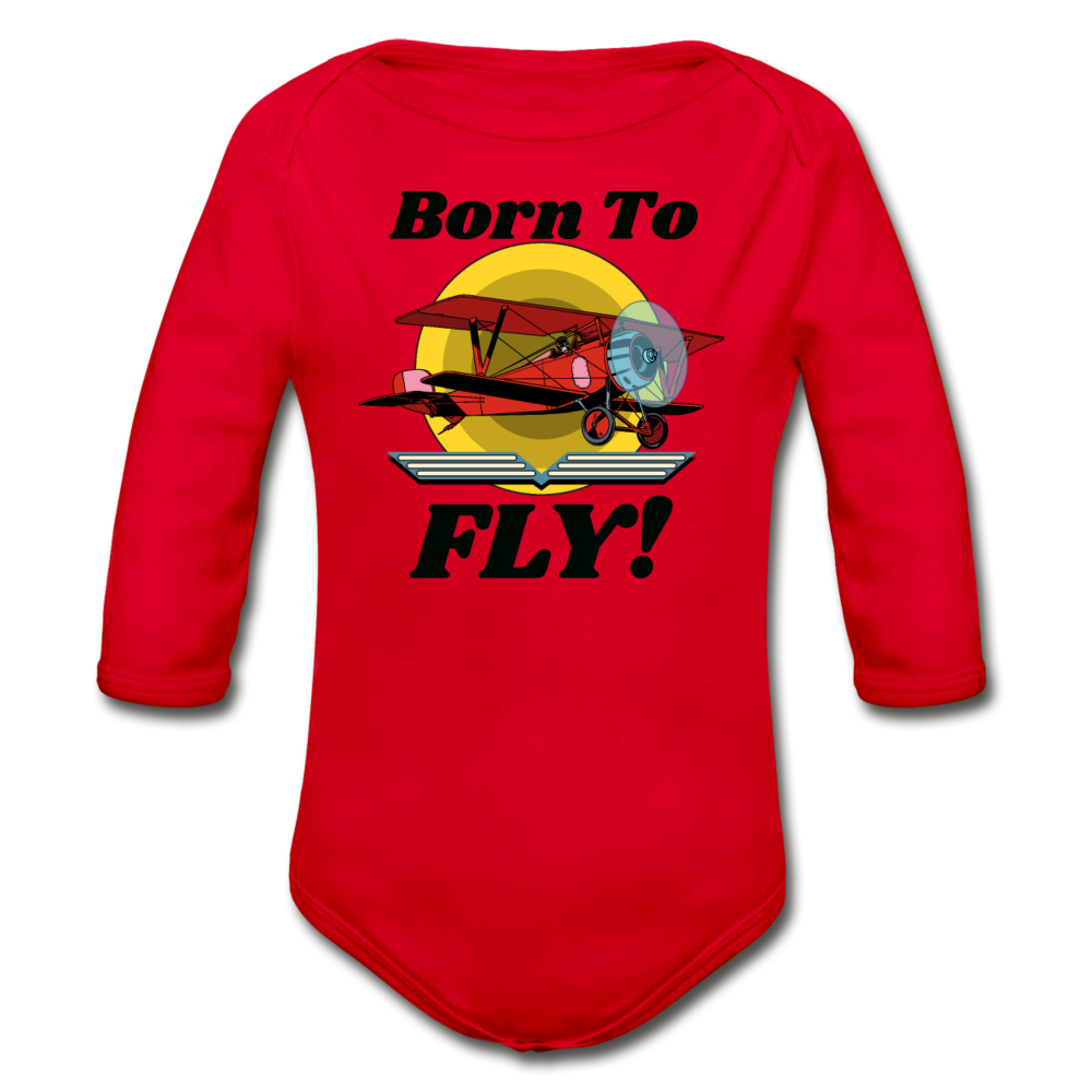 Born To Fly - Red Biplane - Organic Long Sleeve Baby Bodysuit - red