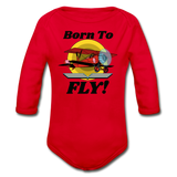 Born To Fly - Red Biplane - Organic Long Sleeve Baby Bodysuit - red