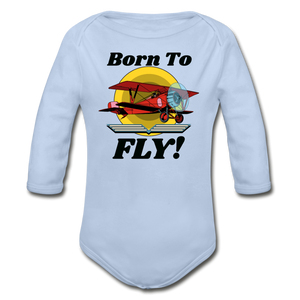 Born To Fly - Red Biplane - Organic Long Sleeve Baby Bodysuit - sky