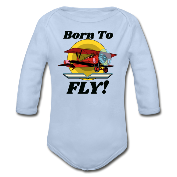 Born To Fly - Red Biplane - Organic Long Sleeve Baby Bodysuit - sky