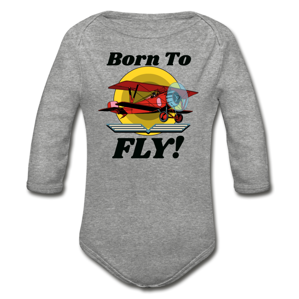 Born To Fly - Red Biplane - Organic Long Sleeve Baby Bodysuit - heather gray