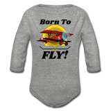 Born To Fly - Red Biplane - Organic Long Sleeve Baby Bodysuit - heather gray