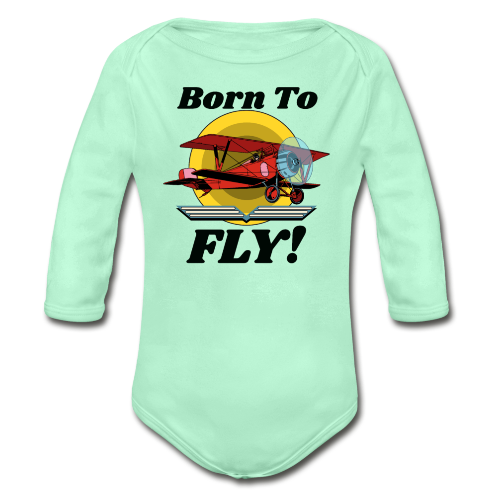 Born To Fly - Red Biplane - Organic Long Sleeve Baby Bodysuit - light mint