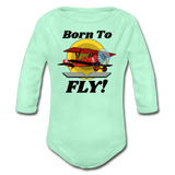 Born To Fly - Red Biplane - Organic Long Sleeve Baby Bodysuit - light mint
