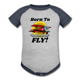 Born To Fly - Red Biplane - Baseball Baby Bodysuit - heather gray/navy