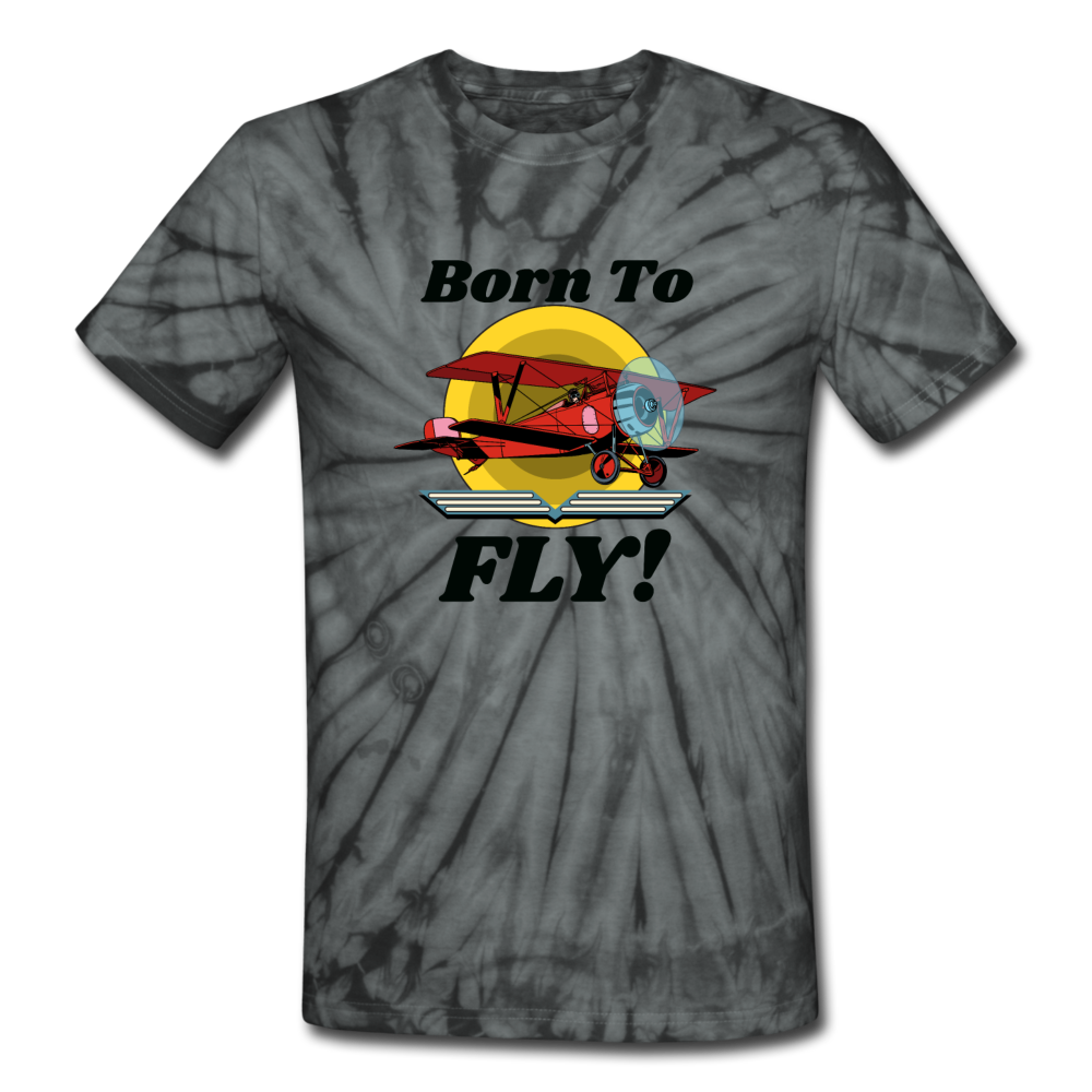 Born To Fly - Red Biplane - Unisex Tie Dye T-Shirt - spider black