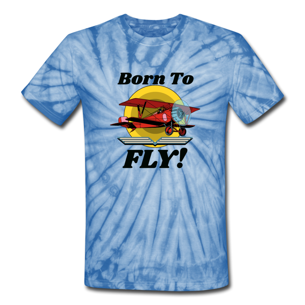 Born To Fly - Red Biplane - Unisex Tie Dye T-Shirt - spider baby blue