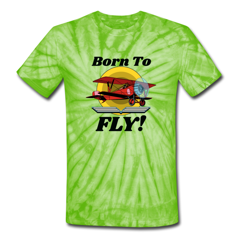 Born To Fly - Red Biplane - Unisex Tie Dye T-Shirt - spider lime green