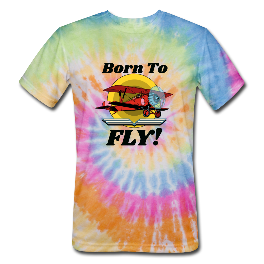 Born To Fly - Red Biplane - Unisex Tie Dye T-Shirt - rainbow