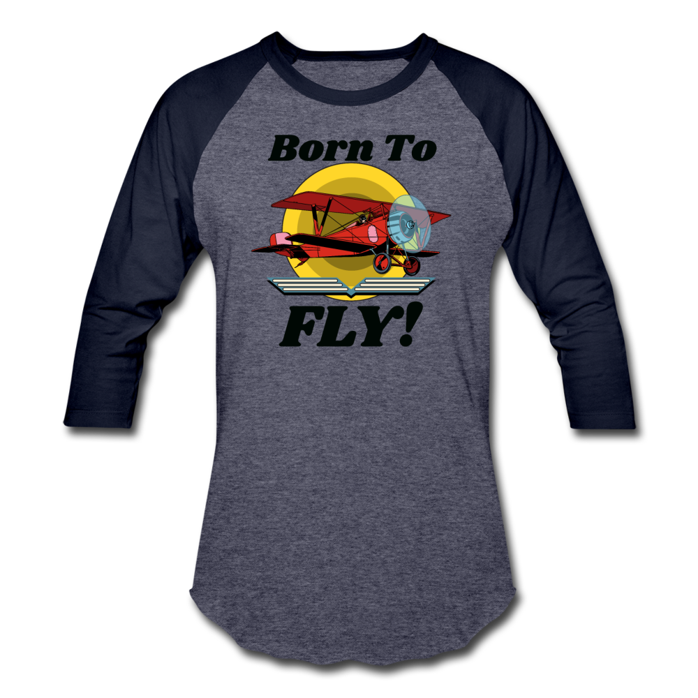 Born To Fly - Red Biplane - Baseball T-Shirt - heather blue/navy