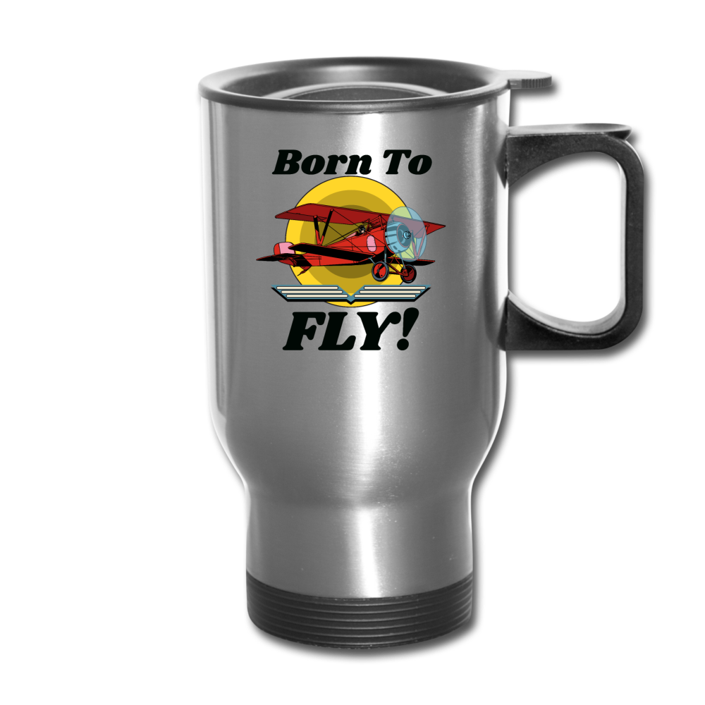 Born To Fly - Red Biplane - Travel Mug - silver