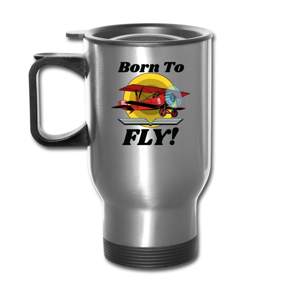 Born To Fly - Red Biplane - Travel Mug - silver