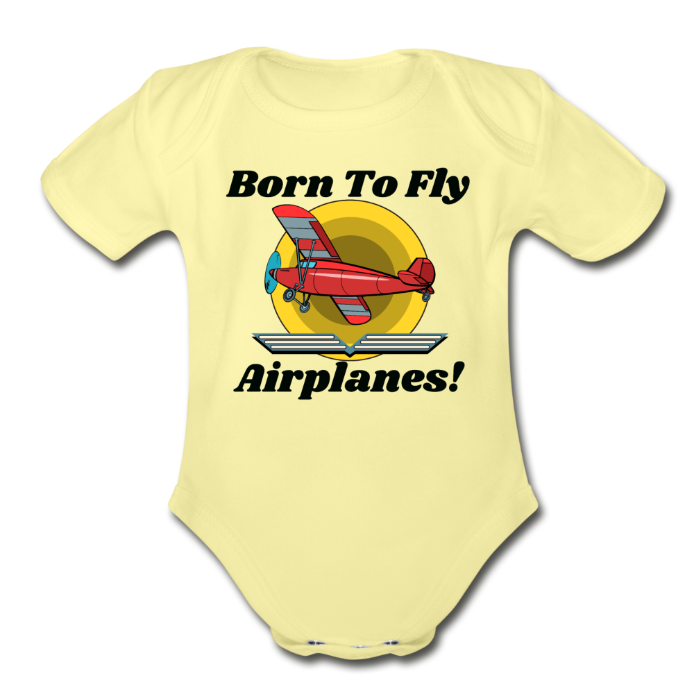 Born To Fly - Airplanes - Organic Short Sleeve Baby Bodysuit - washed yellow