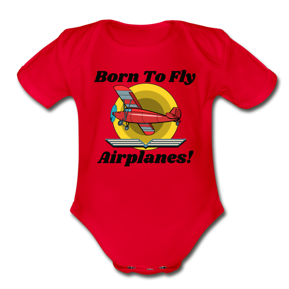 Born To Fly - Airplanes - Organic Short Sleeve Baby Bodysuit - red