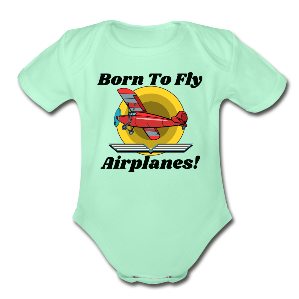 Born To Fly - Airplanes - Organic Short Sleeve Baby Bodysuit - light mint