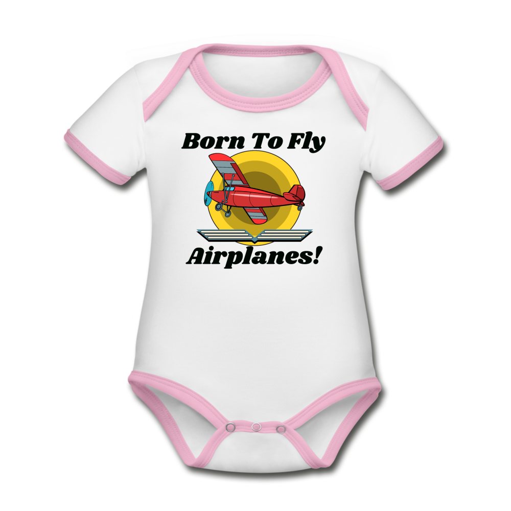 Born To Fly - Airplanes - Organic Contrast Short Sleeve Baby Bodysuit - white/pink