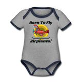 Born To Fly - Airplanes - Organic Contrast Short Sleeve Baby Bodysuit - heather gray/navy