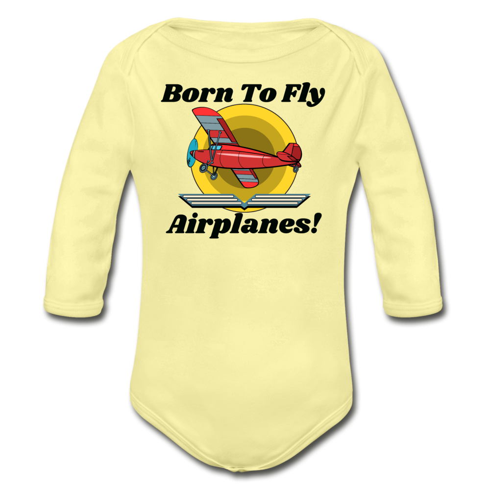 Born To Fly - Airplanes - Organic Long Sleeve Baby Bodysuit - washed yellow