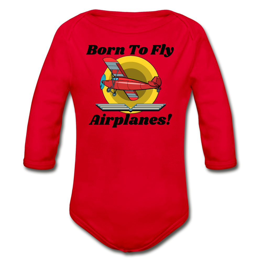 Born To Fly - Airplanes - Organic Long Sleeve Baby Bodysuit - red