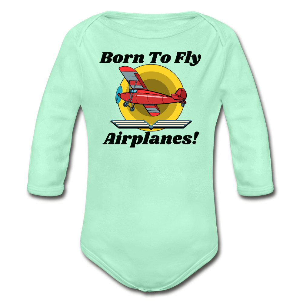 Born To Fly - Airplanes - Organic Long Sleeve Baby Bodysuit - light mint