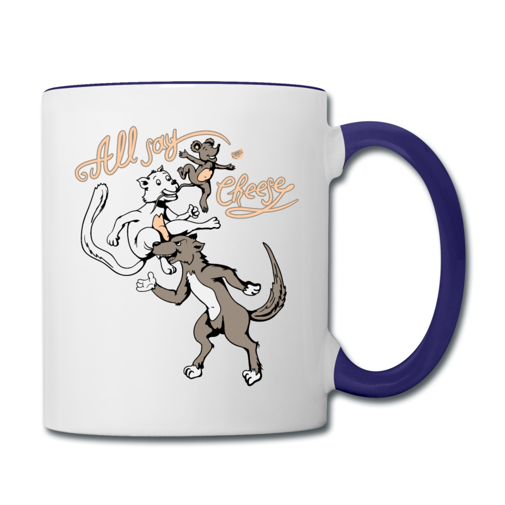 Cat, Dog, Mouse And Cheese - Contrast Coffee Mug - white/cobalt blue