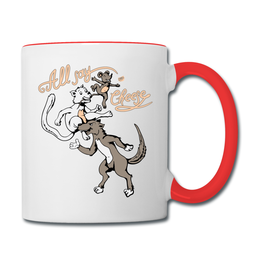 Cat, Dog, Mouse And Cheese - Contrast Coffee Mug - white/red