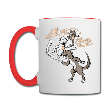 Cat, Dog, Mouse And Cheese - Contrast Coffee Mug - white/red