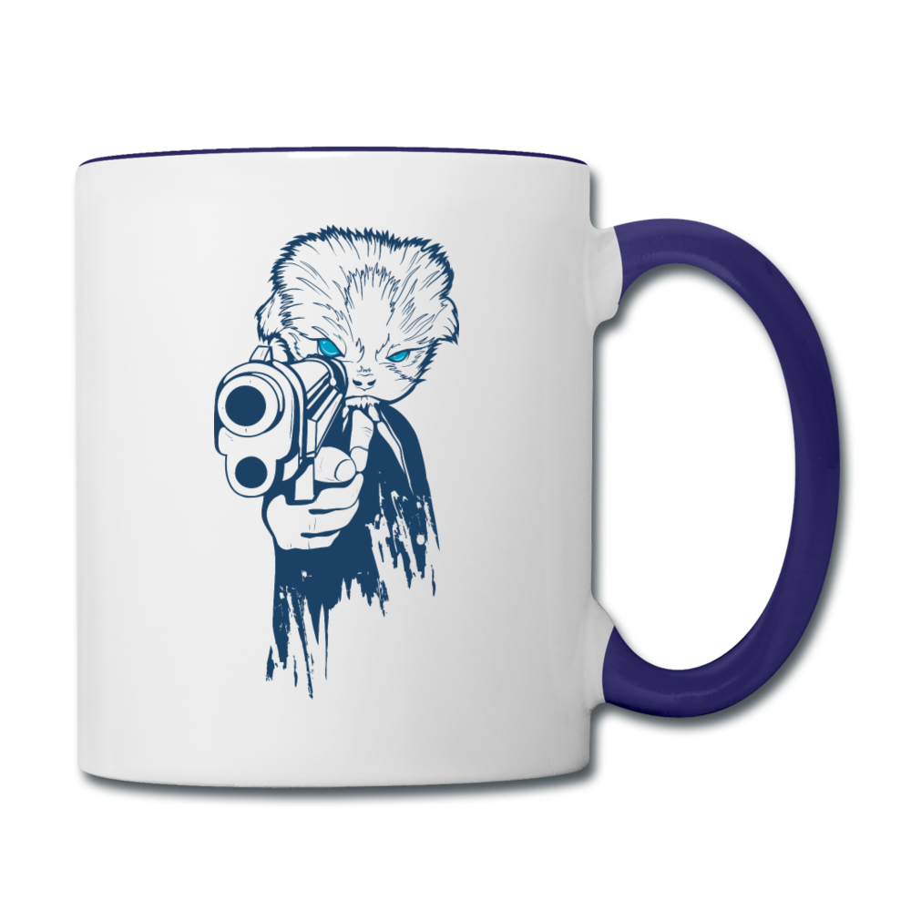 Cat With A Gun - Contrast Coffee Mug - white/cobalt blue