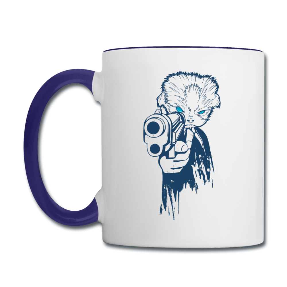 Cat With A Gun - Contrast Coffee Mug - white/cobalt blue