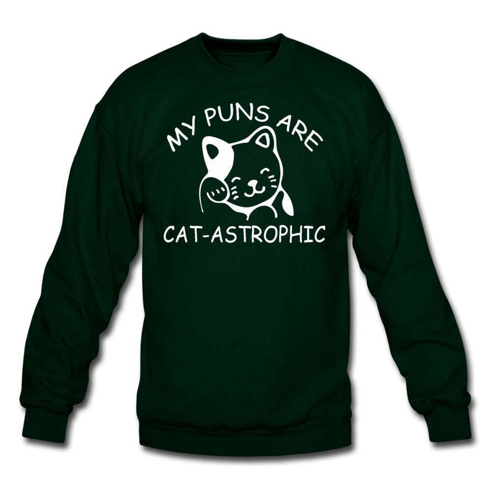 Cat Puns - White - Crewneck Sweatshirt - forest green