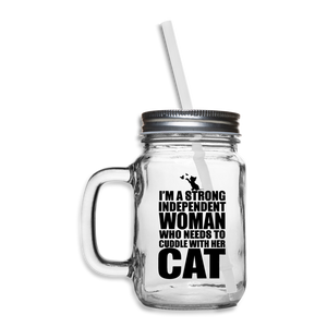 Strong Woman And Her Cat - Black - Mason Jar - clear