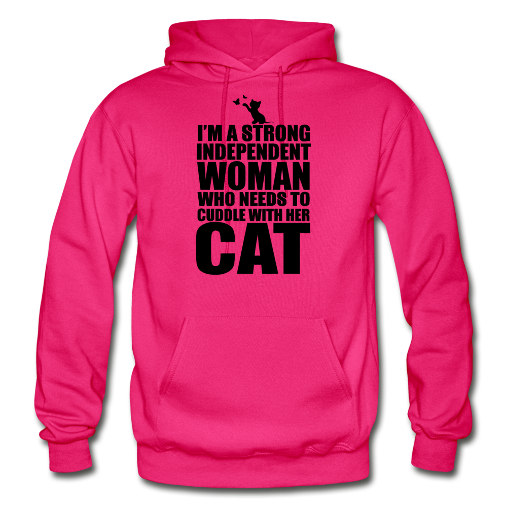 Strong Woman And Her Cat - Black - Gildan Heavy Blend Adult Hoodie - fuchsia